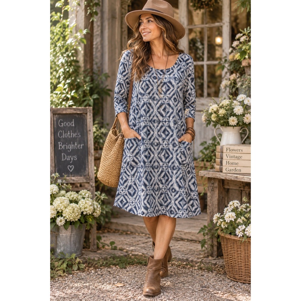 Fresh Produce Women's Dalia Dress Blue Fin Ikat Print Cotton Slub Pockets USA L
